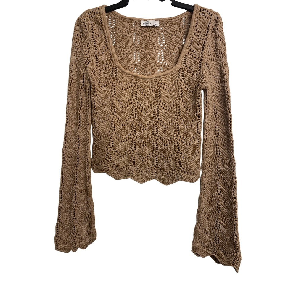 Hollister Tan Brown Open Knit Crochet Scoop Neck Scalloped Sweater Small